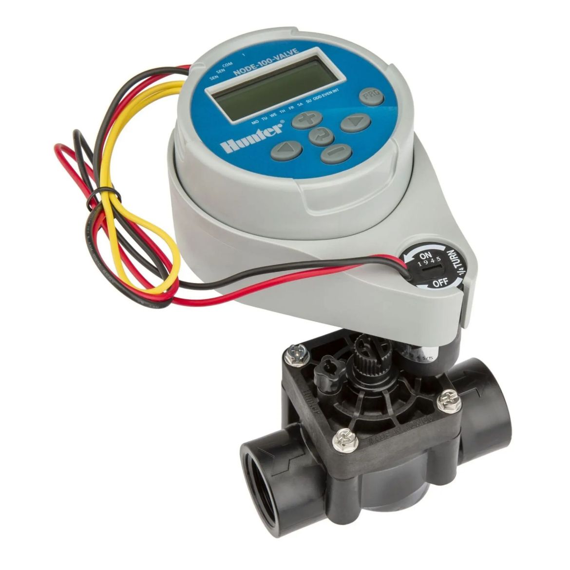 Picture of Hunter 1 station Node battery operated controller with 9V latching solenoid fitted on a PGV-101G BSP valve