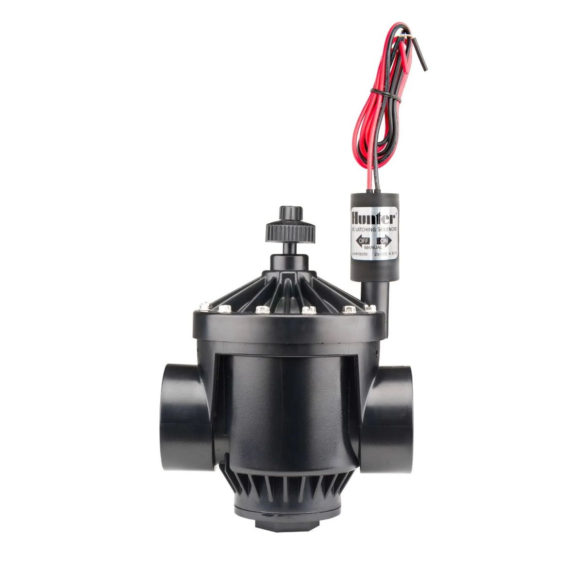 Picture of Hunter 50mm PGV solenoid plastic globe/angle valve with flow control, female BSP inlet and outlet and DC latching solenoid